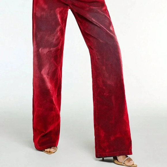 Red Casual Women's Fleeced Thick Loose High Waist Wide Leg Jeans - Picture 3 of 6